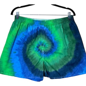 Tie Dye Boxer Shorts Blue & Green Spiral Men&#39;s Boxers sm m l xl handmade hippie art boho hand dyed Psychedelic Circus