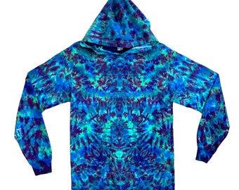 Tie Dye Hoodie Shirt Psychedelic Blue Green Purple Blotter Scrunch Hooded Long Sleeve handmade Adult T-Shirt small medium large XL 2X 3X L/S