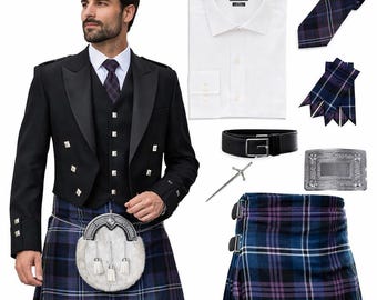 Traje de boda masculino Prince Charlie de 9 piezas, traje escocés tradicional con kilt de 8 yardas, disponible en más de 50 tartanes.