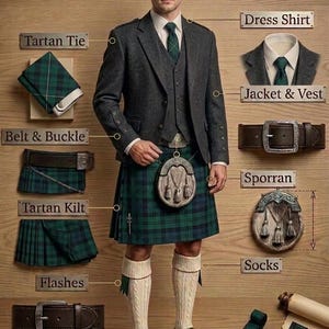 Könnte beinhalten: Eine Infografik mit dem Titel Anatomy of a Kilt Outfit zeigt eine anthrazitfarbene Jacke und Weste, einen grün-blauen Tartan-Kilt, ein weißes Hemd, eine grüne Tartan-Krawatte, einen braunen Ledergürtel mit Schnalle, einen Sporran und cremefarbene Socken.