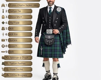 Prinz Charlie Kilt Outfit, 13-teilige Highland Hochzeit Schottische Kleidung, Wolljacke Weste