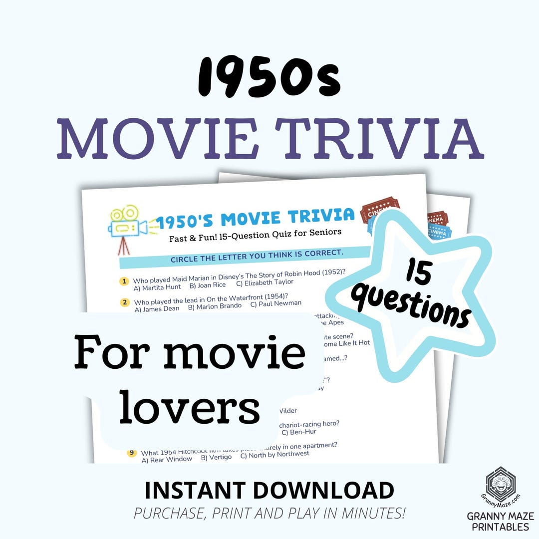 1950s Movie Trivia Quiz for Seniors, 15 Questions, Fun Senior Games ...