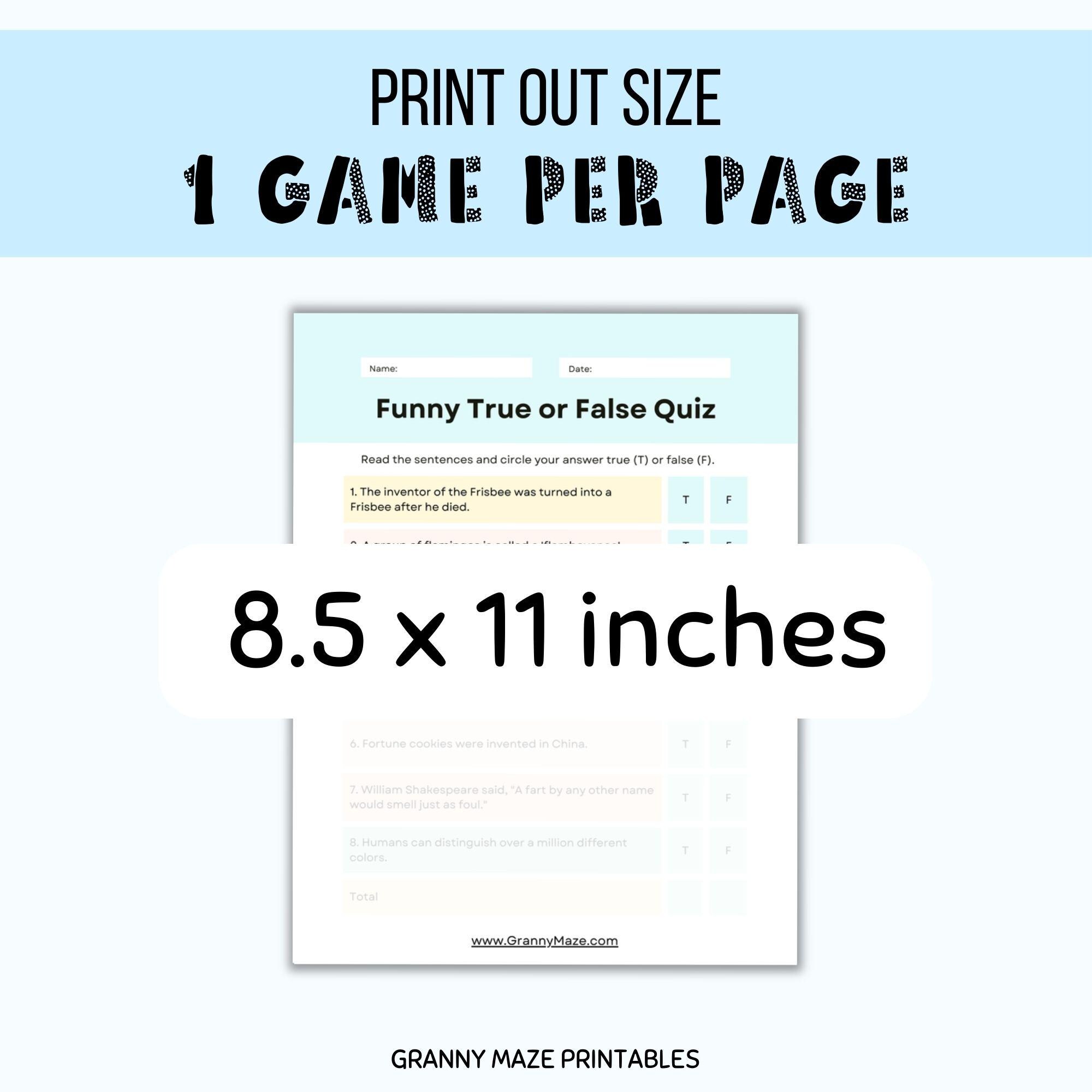 Funny True or False Trivia Game, Large Print Senior Activity, Printable ...