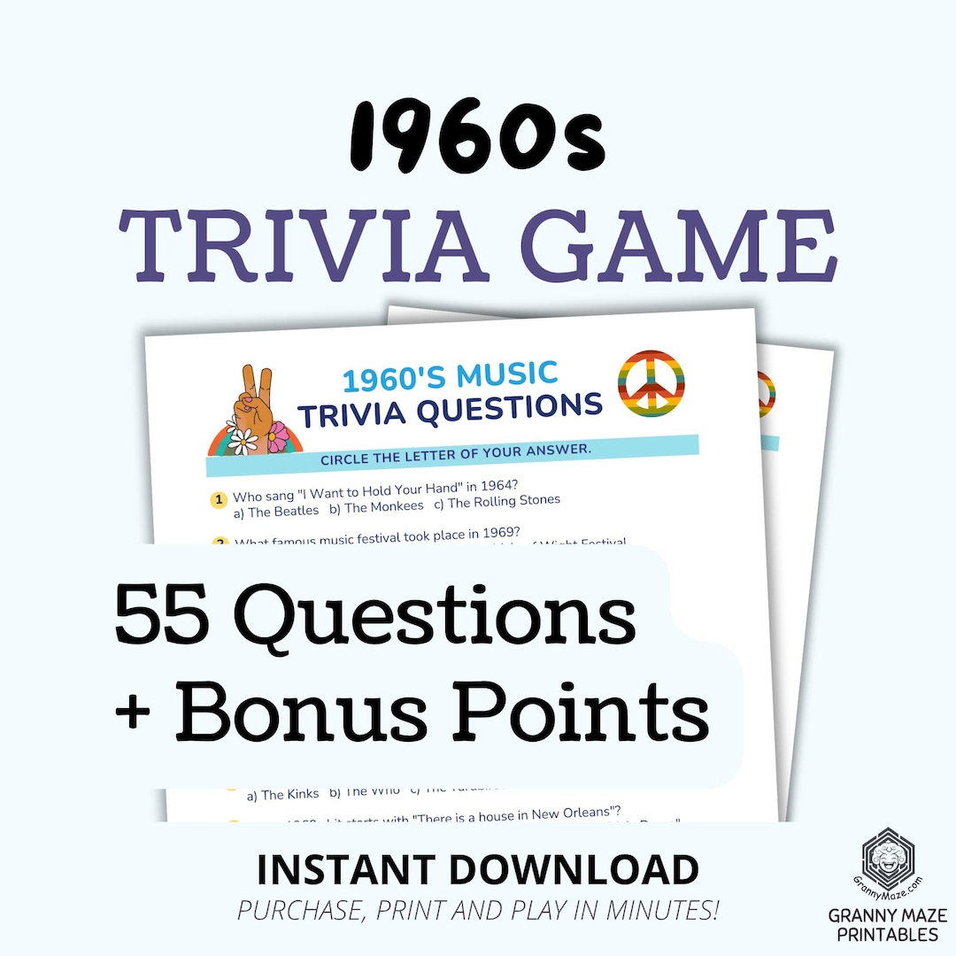 1960s Trivia Game – 55 Questions, Trivia for Elderly, Printable 60s ...