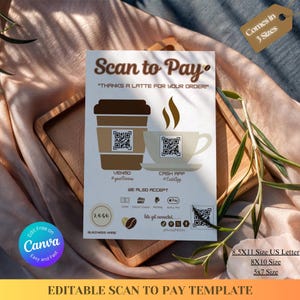 Puede incluir: Plantilla editable de escaneo para pagar con una taza de café y una taza de café con códigos QR para Venmo, Cash App y otros métodos de pago. La plantilla está disponible en tres tamaños: 8,5 x 11 pulgadas, 8 x 10 pulgadas y 5 x 7 pulgadas.
