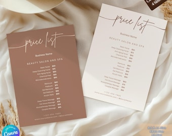 Minimalist Beauty Salon Price List Template Editable Canva Service Menu for Hair, Spa Menu