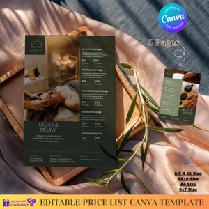 May include: A dark green spa price list template featuring a photograph of a massage treatment. The text includes service names like Full Body Massage, Hot Stone Massage, Aromatherapy Massage, and Swedish Massage with prices and durations.