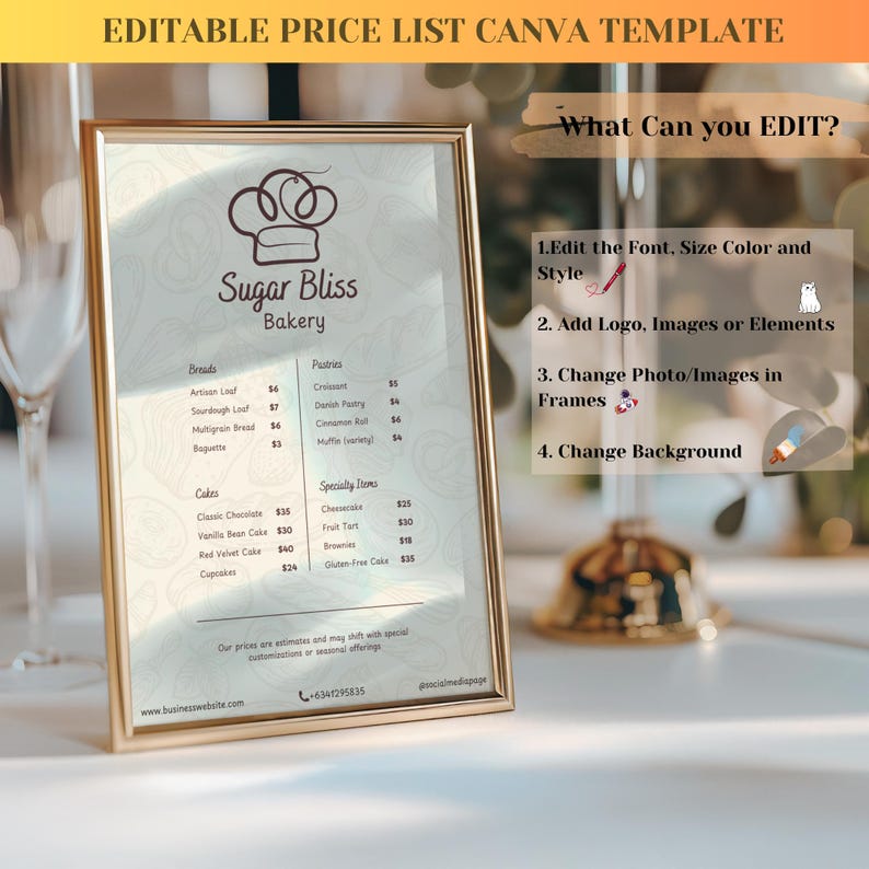 Editable Cafe Menu & Bakery Price List Printable Cake Dessert Pricelist ...