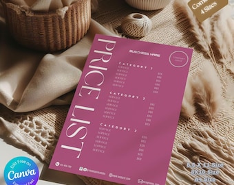Minimalist Pink Price List Template  Editable Canva Beauty Salon & Spa Services Sheet Printable