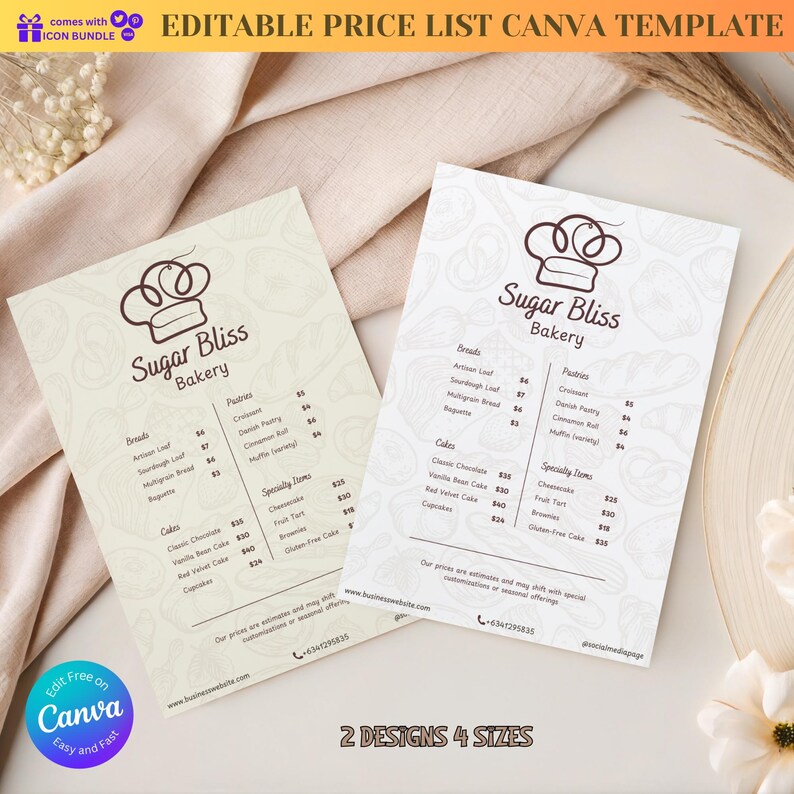 Editable Bakery Menu & Cake Price List Printable Cafe Dessert Pricelist ...
