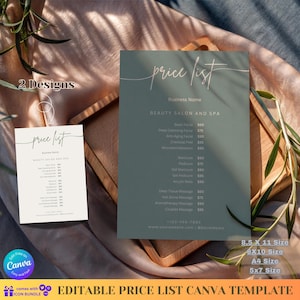 Minimalist Green Spa Pricelist Template  Editable Canva Salon & Wellness Services Price Sheet