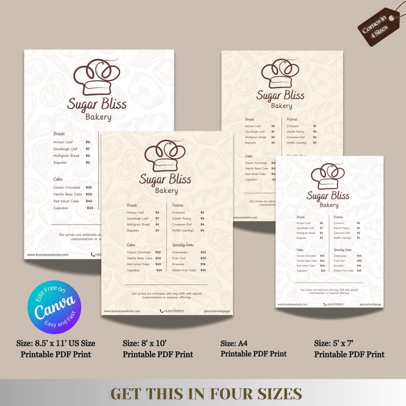 Editable Bakery Menu & Cake Price List Printable Cafe Dessert Pricelist ...