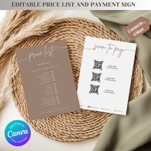 Puede incluir: Dos letreros imprimibles sobre una estera tejida. Uno es una lista de precios para un salón de belleza y spa, el otro dice "scan to pay" con códigos QR. Los letreros son en tonos de marrón y blanco, con el texto "Edit Free on Canva Easy and Fast."