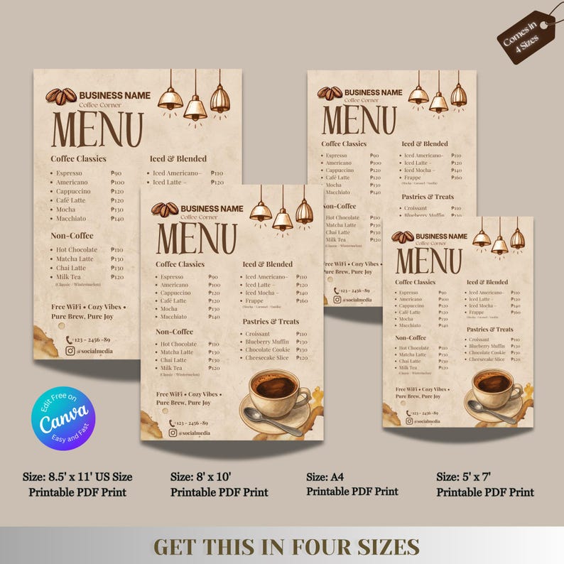 Coffee Shop Menu Template Canva Editable Price List Cafe Bakery Drink ...