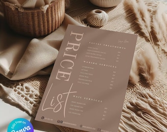 Minimalist Salon Menu Template Editable Canva Price List for Spa Beauty Salon Pricelist Printable