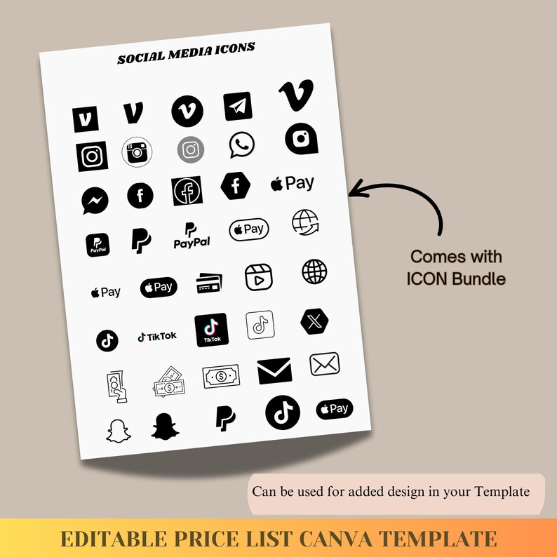 May include: A black and white printable sheet with social media icons. The icons include Facebook, Instagram, Twitter, TikTok, YouTube, Pinterest, Snapchat, and more. The sheet also includes the text "SOCIAL MEDIA ICONS" and "EDITABLE PRICE LIST CANVA TEMPLATE".