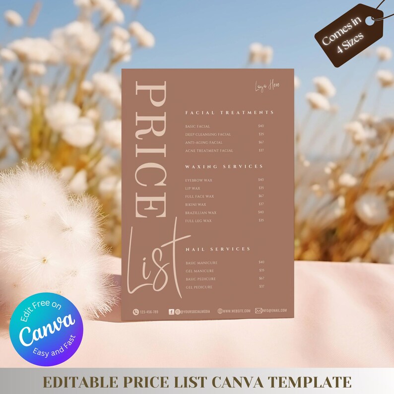 May include: A brown price list template for a beauty salon or spa. The text "PRICE List" is written in a large, decorative font. The list includes prices for facial treatments, waxing services, and nail services. The template is editable and can be used in Canva.