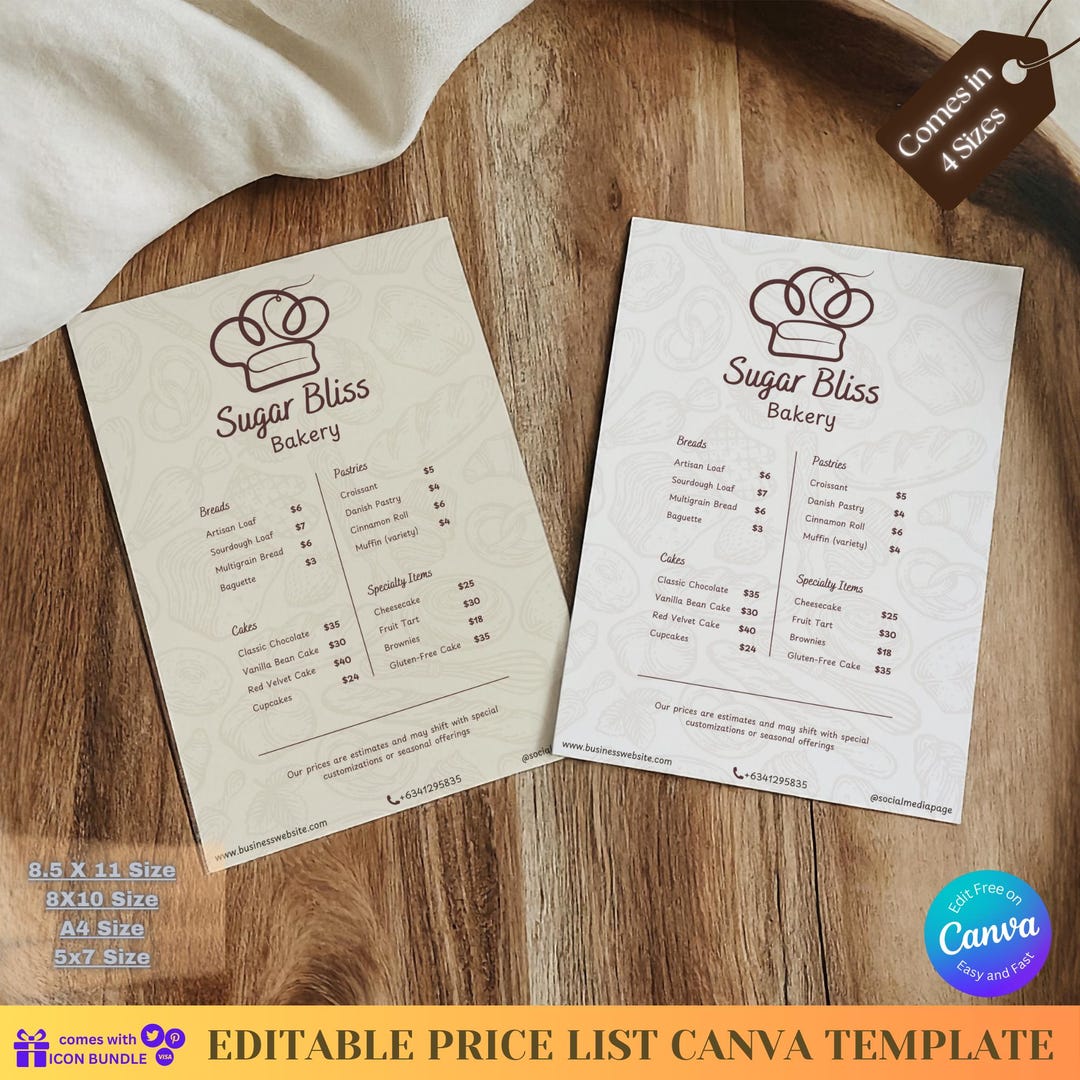 Editable Bakery Menu & Cake Price List Printable Cafe Dessert Pricelist ...