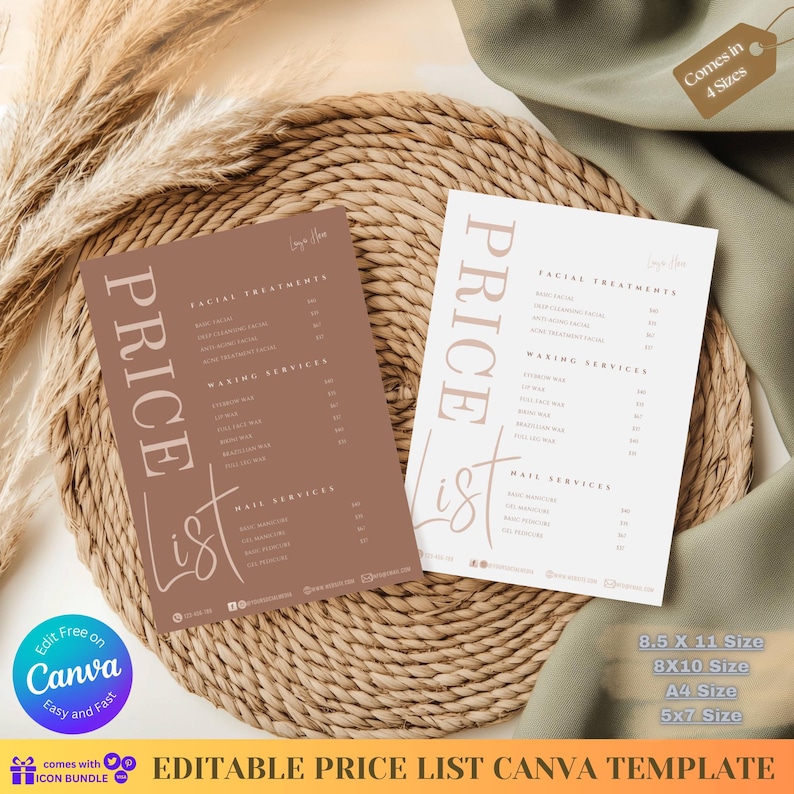 Two minimalist and elegant price lists for beauty services are displayed on a woven mat with decorative pampas grass and a green fabric. The price lists include facial treatments, waxing services, and nail services, with prices listed for each service. The left price list has a brown background, while the right one has a white background. Both lists feature the same services and prices, with a clean and sophisticated design. Contact information is provided at the bottom of each list.