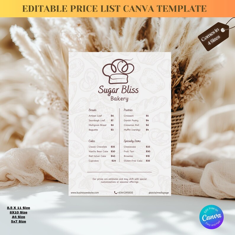 Editable Bakery Menu & Cake Price List Printable Cafe Dessert Pricelist ...