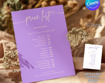 May include: A lavender price list template for a beauty salon and spa, featuring services like facials, manicures, and massages. The design includes the text "price list" in elegant script, with a smaller version of the list in the corner. The template is available in multiple sizes.