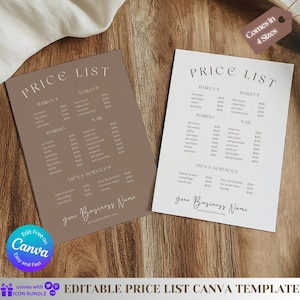 Puede incluir: Dos plantillas de lista de precios sobre una superficie de madera. Las plantillas son para un salón o spa, con secciones para cortes de pelo, maquillaje, servicios de uñas y servicios para hombres. El texto "PRICE LIST" está en la parte superior de cada plantilla. Las plantillas son editables en Canva.