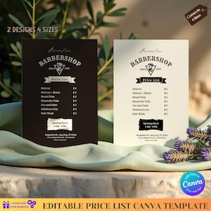 Könnte beinhalten: Zwei Friseursalon-Preislisten-Vorlagen, eine schwarze und eine cremefarbene, mit Vintage-Design. Jede enthält eine Preisliste für Haarschnitte, Rasuren und andere Dienstleistungen. Der Text "2 Designs 4 Sizes" steht oben.