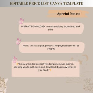 May include: A digital product price list Canva template with special notes. The notes include information about instant download, digital product, and unlimited access. The template is decorated with butterflies and stars.
