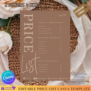 May include: Editable price list template for a beauty salon or spa. The template is designed in a minimalist style with a brown background and cream text. The price list includes services such as facials, waxing, and nail services. The template is available in four sizes: 8.5 x 11 inches, 8 x 10 inches, A4, and 5 x 7 inches.