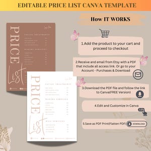 May include: Editable price list template for a beauty salon or spa. The template is designed in Canva and features a pink and brown color scheme with a butterfly graphic. The text "PRICE List" is written in a large, decorative font. The template includes instructions on how to download, edit, and customize the price list in Canva.