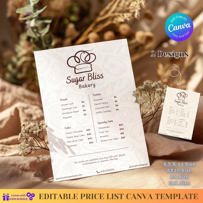 Editable Bakery Menu & Cake Price List Printable Cafe Dessert Pricelist ...