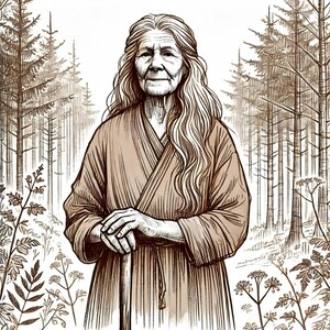 Peut inclure: Une femme aux longs cheveux gris se tient dans une forêt. Elle porte une longue robe brune et tient un bâton en bois. La forêt est composée de grands arbres fins.