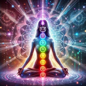 May include: A woman meditating with seven chakras aligned along her spine, each chakra represented by a different color. The chakras are surrounded by a glowing mandala and a starry background.