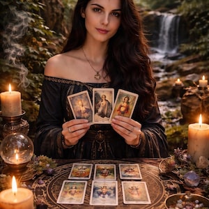 Peut inclure: Une femme en robe sombre tient des cartes de tarot, entourée de bougies, d'une cascade et d'une table avec d'autres cartes. La scène évoque une atmosphère mystique, axée sur la divination et la spiritualité. L'image est située dans un cadre forestier.