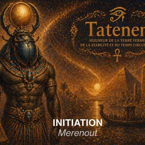 May include: A digital illustration featuring a humanoid figure with a beetle head, wearing ornate gold jewellery and holding a staff. The text reads Tatenen, SEIGNEUR DE LA TERRE FERME, DE LA STABILITÉ ET DU TEMPS CIRCULAIRE, INITIATION, and Merenout.