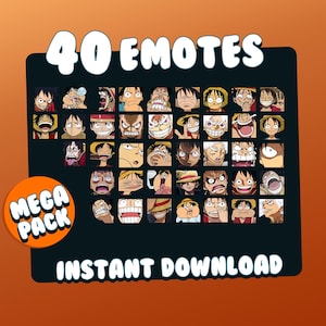 May include: A digital download graphic featuring 40 cartoon emotes of a character with various facial expressions. The text "40 Emotes" is at the top, with "Mega Pack" and "Instant Download" at the bottom.