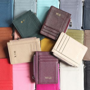 Tarjetero de cuero auténtico con cremallera, monedero de cuero genuino, cartera de cuero personalizada con cremallera, monedero de cuero, regalo para ella, regalo de despedida de soltera