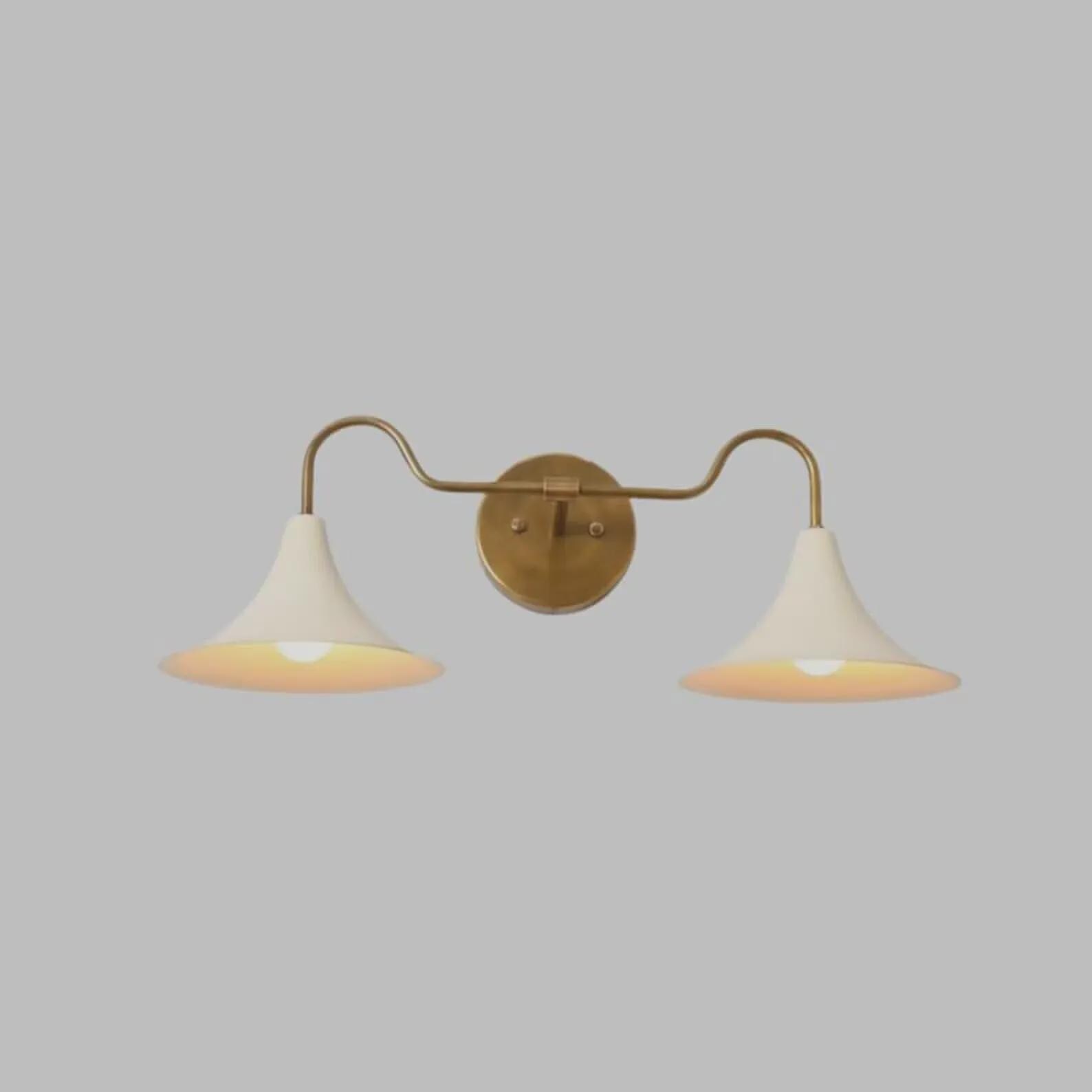 thumbnail image 2 of Paolo Rossi Double Wall Sconce - Two-Light Metal Lamp With Ivory Cone Fan Shades, Gold Finish 2 of 5