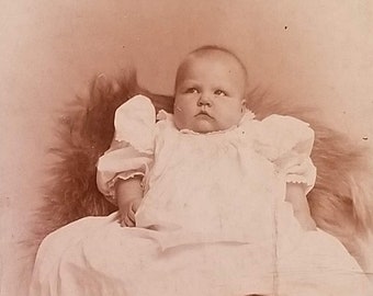 Victorian CDV of Chubby Baby on Fur Covered Chair, Victorian Cabinet Card of Baby Hidden Mother?