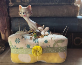 Adorable Handmade Pincushion Embellished with Ceramic Cat