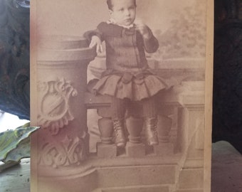 Antique CDV of Little Boy in Dress and Booties, 1800s Cabinet Card of Small Child in Dress and Booties