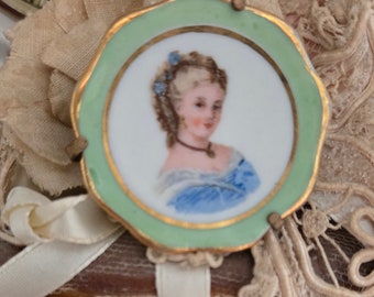 Antique Miniature Limoges Porcelain Cameo Plate Brooch