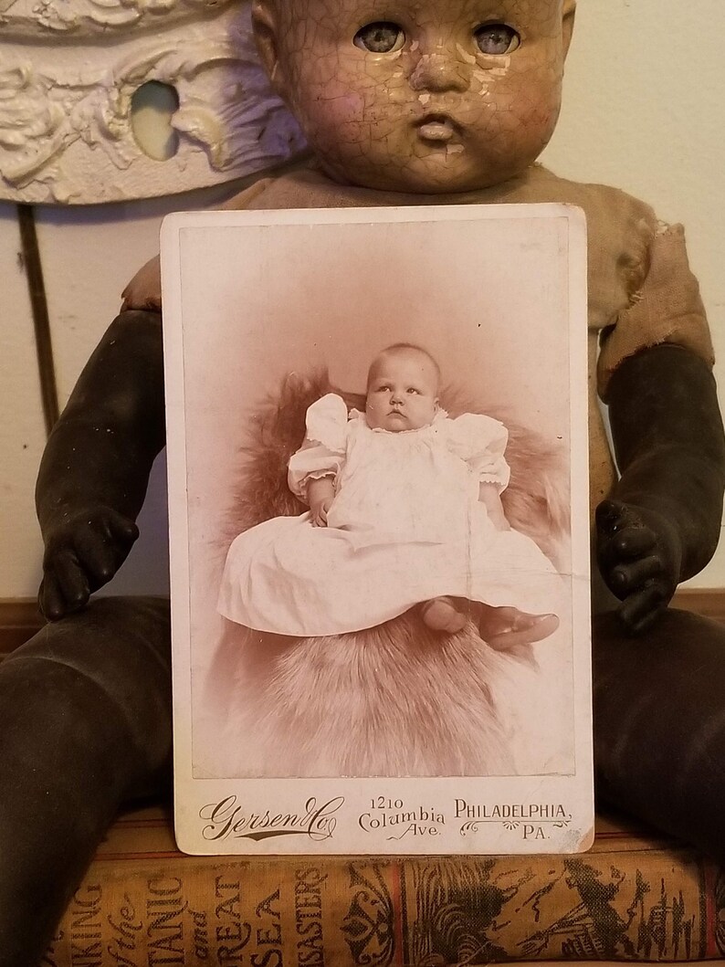 Victorian CDV of Chubby Baby on Fur Covered Chair, Victorian Cabinet Card of Baby Hidden Mother image 1