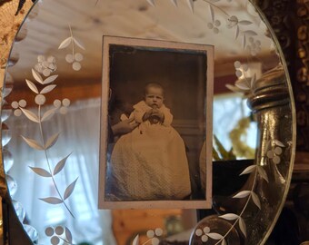 1800s Tin Type of Baby with Hidden Mother Framed in Oval Etched Mirror, Grumpy Baby w/Hidden Mother Tin Type Framed in Etched Mirror