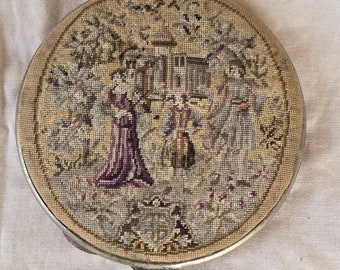 Vintage French Compact Topped with a Romantic Tapestry Piece