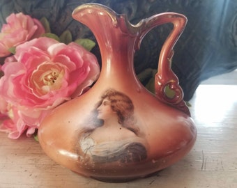 Vintage Late Victorian Austrian Portrait Pitcher, Hand Painted Victorian Austrian Portrait Pitcher