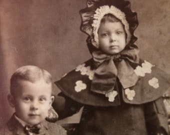 Antique Cabinet Card of Brother and Sister in Adorable Outfits, 1800s Victorian Photo of Little Boy and Girl