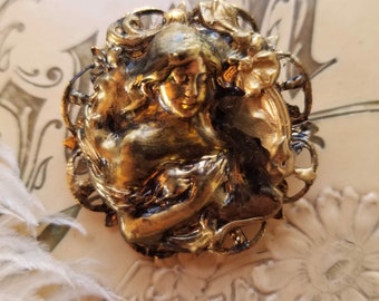 Vintage Art Nouveau Figural Brass Filigree Brooch