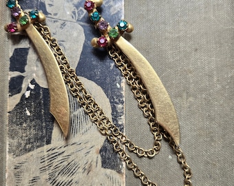 Vintage Two Piece Jeweled Sword Brooch Joined by Double Chains, Vintage Jeweled Swords connected by Double Chains