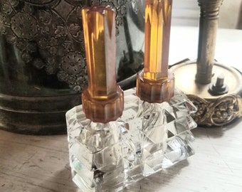 Vintage Art Deco Twin Crystal Perfume Bottle with Amber Bakelite Tops, Vintage Duet Art Deco Amber Bakelite Top Perfume Bottle